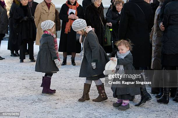 Leah Isadora Behn, Maud Angelica Behn and Emma Tallulah Behn attend the funeral of Anne-Marie Solberg, grandmother of Ari Behn at Immanuels Kirke on...