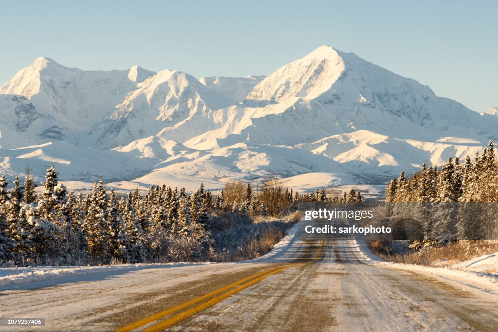 Alaska Remote Winter Highway with Mountains