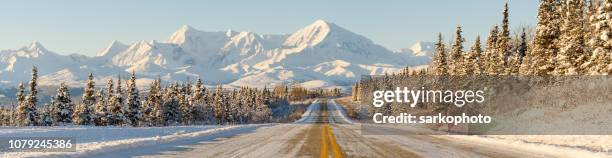 alaska highway winterberge panorama - alaska location stock-fotos und bilder