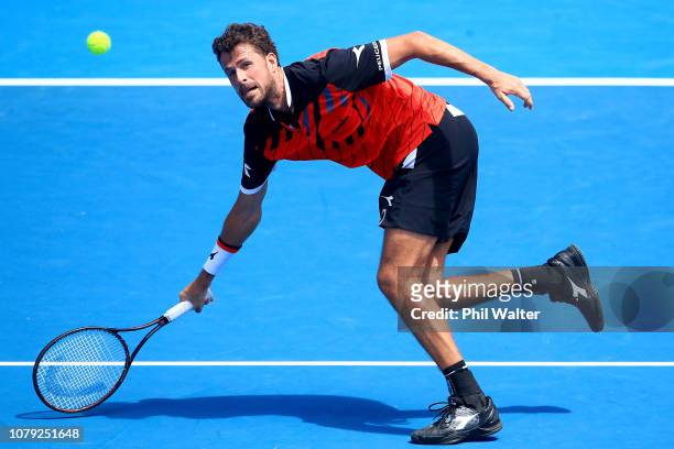 Robin Haase of the Netherlands plays a return in his Mens Singles match against David Ferrer of Spain during the 2019 ASB Classic at the ASB Tennis...