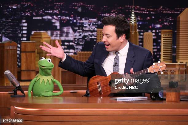 Episode 0988 -- Pictured: Kermit The Frog and host Jimmy Fallon during "Google Doodle" on January 7, 2019 --