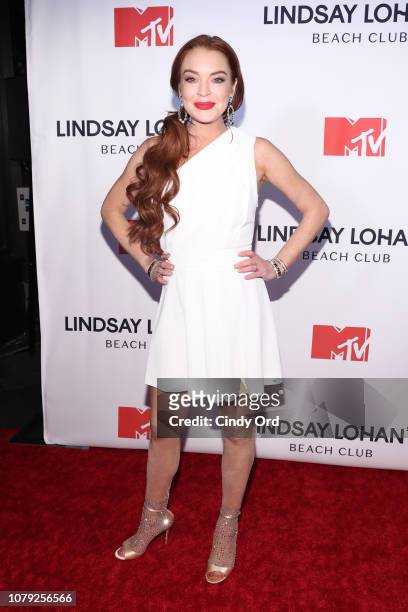 Lindsay Lohan attends MTV's "Lindsay Lohan's Beach Club" Premiere Party at Moxy Times Square on January 7, 2019 in New York City.