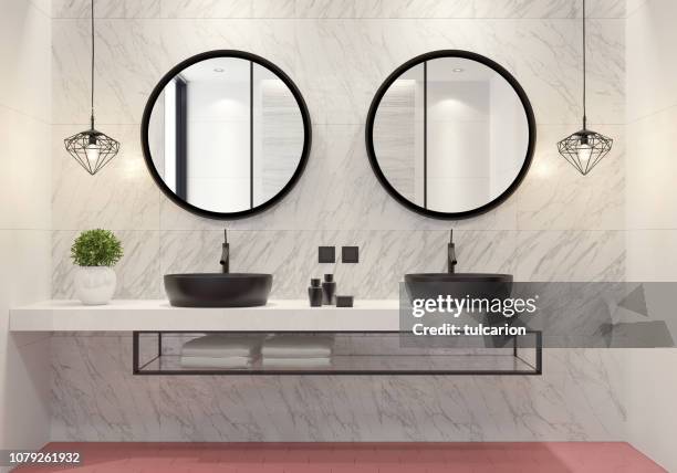 contemporary bathroom with light pink honeycomb tiles - matte finish stock pictures, royalty-free photos & images