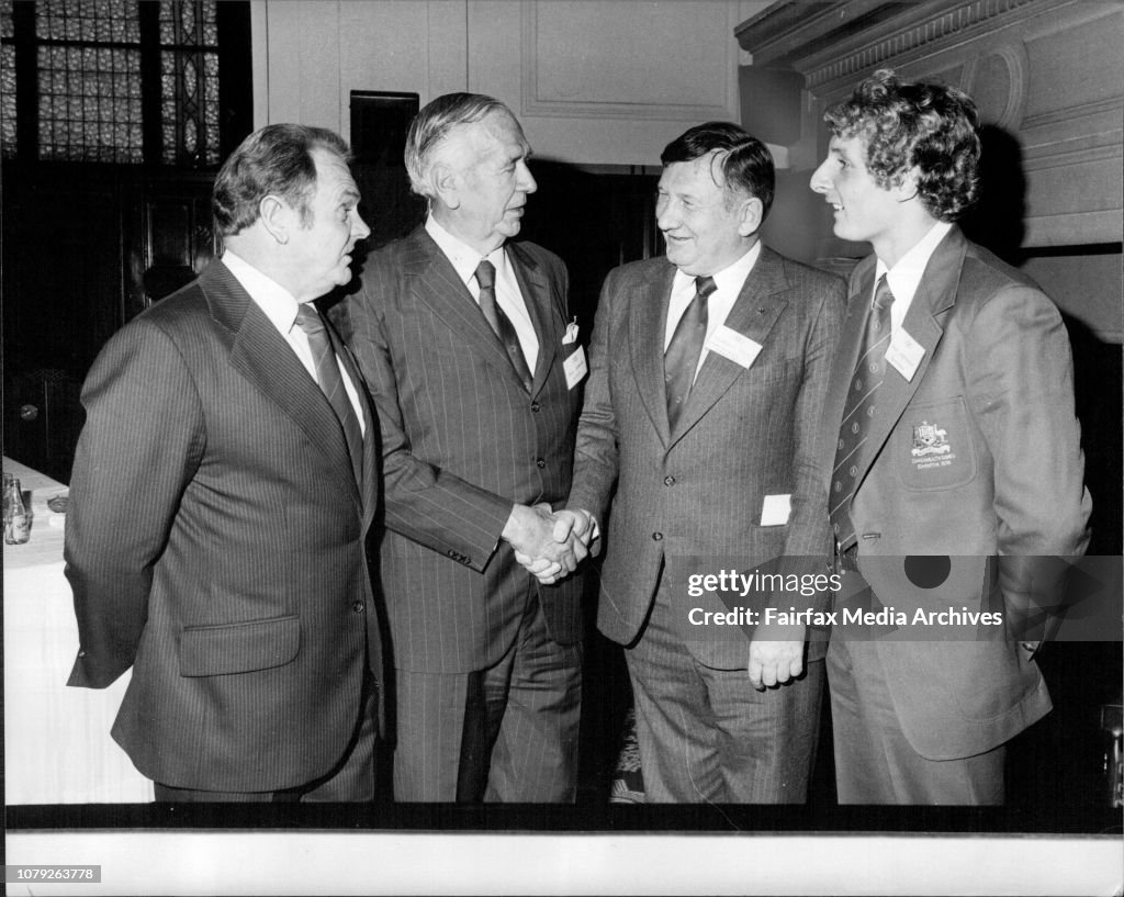 Sports Men's Committee To Raise Money For Games - Mr. Syd Grange (second from left) thanking Norman May for his announcement today of the sportsmen's committee. Mr. Grange is president of the Australian Olympic Federation. Looking on is long distance swim