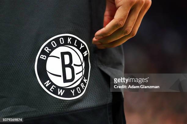 Detailed view of the Brooklyn Nets logo during a game aghast the Boston Celtics at TD Garden on January 7, 2019 in Boston, Massachusetts. NOTE TO...