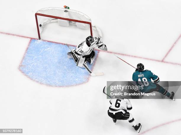 An overhead view as Tomas Hertl of the San Jose Sharks scores a goal against Jack Campbell of the Los Angeles Kings at SAP Center on January 7, 2018...