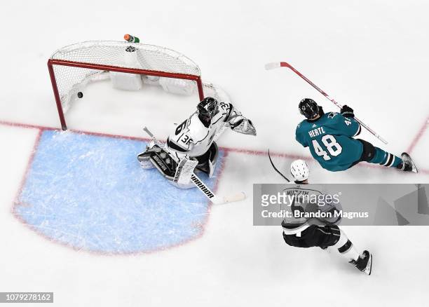 An overhead view as Tomas Hertl of the San Jose Sharks scores a goal against Jack Campbell of the Los Angeles Kings at SAP Center on January 7, 2018...