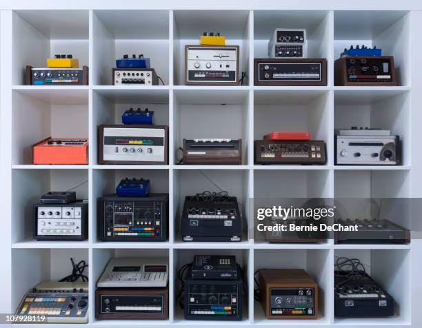 shelf of drum machines - collection stock pictures, royalty-free photos & images