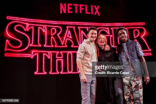 Actors Noah Schnapp, Caleb McLaughlin and actress Sadie Sink pose after the Stranger Things panel during day 2 of Argentina Comic Con 2018 at Costa...