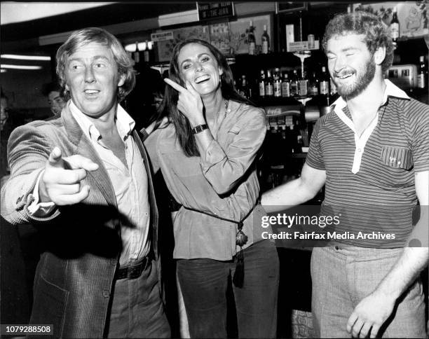 Maggie Eckhardt after the Game between Souths and Newtown today. At the Newtown Leagues Club.John Singleton, Moggie, Jim Walter. April 26, 1980. .