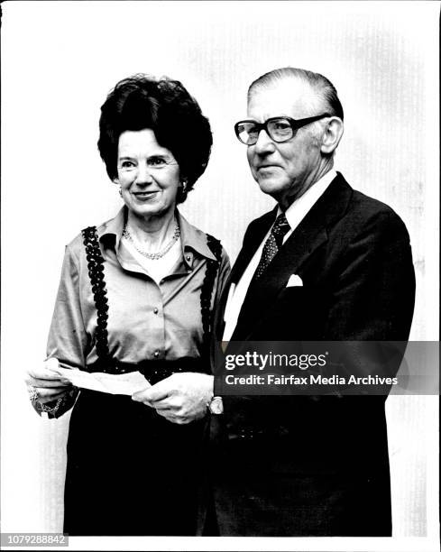 Town and Country Committee presentation of $6,500 cheque to Smith Family Crown St.Mrs. Charles Eastment and Mr Bill MacRae. June 25, 1976. .