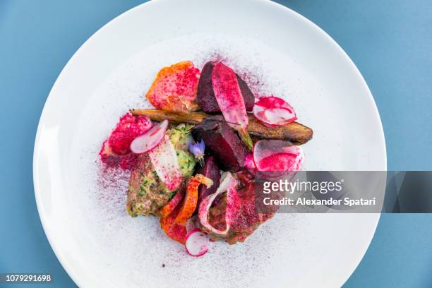 french food - appetizer with fish, beetroot, carrot, radish and potato - franse gerechten stockfoto's en -beelden