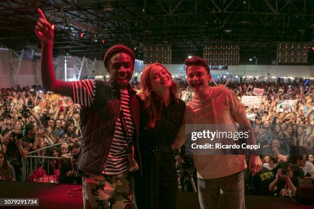 Actors Caleb McLaughlin, Sadie Sink and Noah Schnapp pose after the Stranger Things panel during day 2 of Argentina Comic Con 2018 at Costa Salguero...