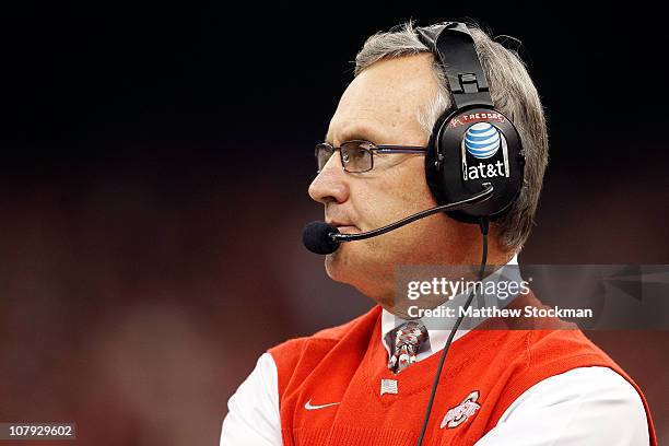 Head coach Jim Tressel of the Ohio State Buckeyes looks on against the Arkansas Razorbacks during the Allstate Sugar Bowl at the Louisiana Superdome...