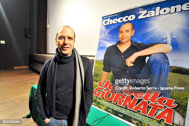 Italian actor and author Checco Zalone unveils his latest film "Che Bella Giornata" at Fossolo Movie Theater on January 7, 2011 in Bologna, Italy.