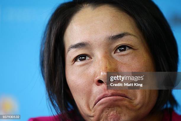Kimiko Date-Krumm of Japan speaks at a press conference after the official draw during the Moorilla Hobart International at the Domain Tennis Centre...