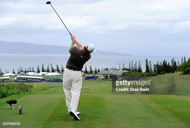 Ernie Els of South Africa hits a drive from the 18th tee box during the second round of the Hyundai Tournament of Champions at Plantation Course at...