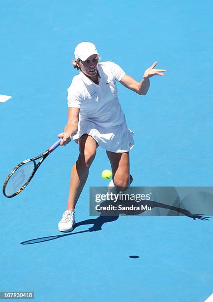 Greta Arn of Hungary plays a forehand during the singles final against Yanina Wickmayer of Belgium during day six of the ASB Classic at ASB Tennis...