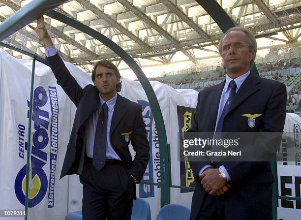 Lazio coach Sven-Goran Eriksson and Roberto Mancini look on during the Lazio v Brescia Serie A match played at the Stadio Olimpico in Rome. Mandatory...