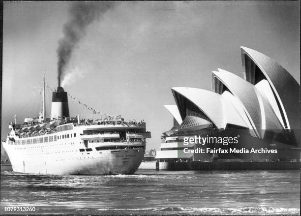 The Sydney Opera House, exteriors and interiors.Ocean Monarch passes Opera House. April 3, 1973. .