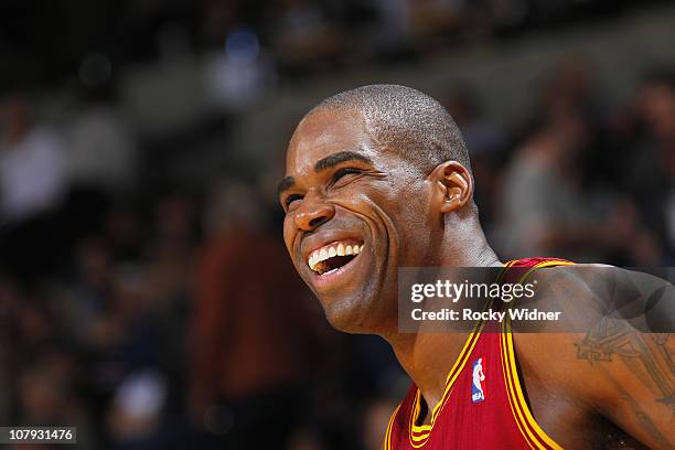 Antawn Jamison of the Cleveland Cavaliers laughs at his teammates during a game against the Golden State Warriors on January 7, 2011 at Oracle Arena...