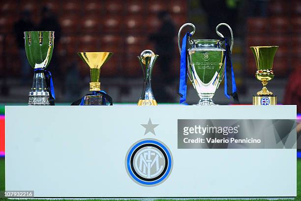The five trophies the Supercoppa Italiana, the Scudetto trophy, the FIFA Club World Cup trophy, the Champions League trophy and the Coppa Italia won...