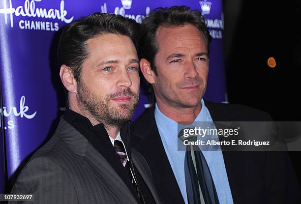 Director Jason Priestley and actor Luke Perry arrive to Hallmark Channel's 2011 TCA Winter Tour Evening Gala on January 7, 2011 in Pasadena,...