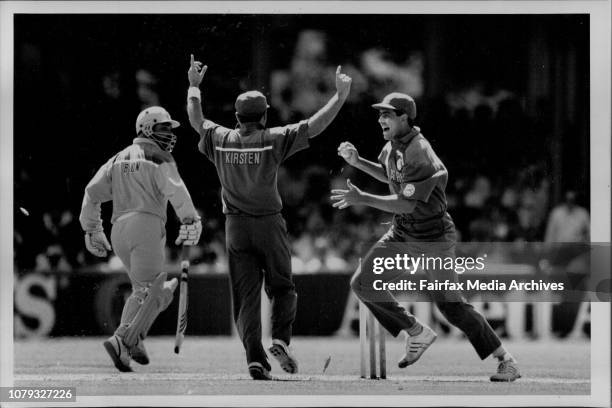 South Africans celebrate as David Boon walks, the first Australian batsman to fall to the Republic in 22 years.South Africa emerged from the darkness...