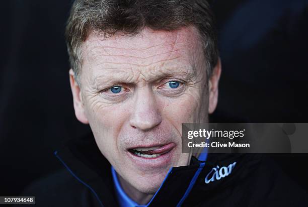 Manager David Moyes of Everton looks on during the FA Cup sponsored by Eon 3rd round match between Scunthorpe United and Everton at Glanford Park on...