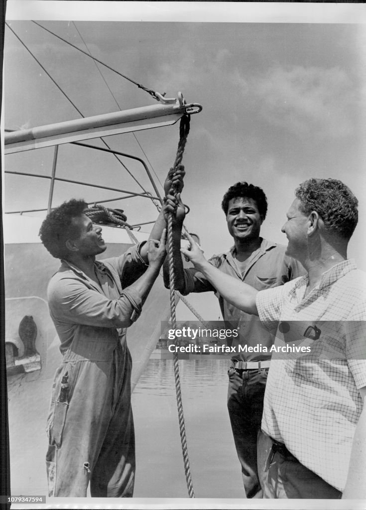 Tongan seaman aboard the fishing trawler Ata.Skipper Peter Warner with (left to right) Stephen, John and Peter Warner.