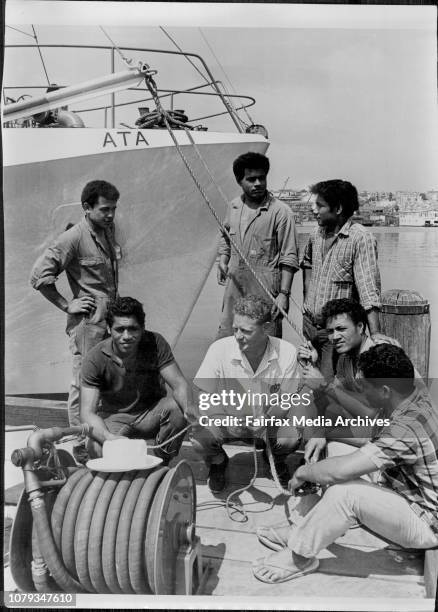 Tongan seaman aboard the fishing trawler Ata.Skipper Peter Warner with Stephen, Luke, Kolo, David, John and Mano. March 01, 1968. .