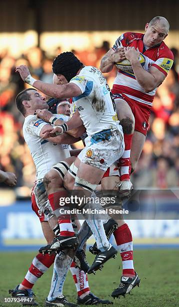 Charlie Sharples of Gloucester claims the ball from Tom Johnson of Exeter during the Aviva Premiership game between Gloucester and Exeter Chiefs at...