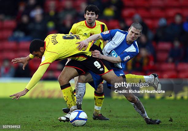 Troy Deeney of Watford battles with Paul Murray of Hartlepool during the 3rd round FA Cup Sponsored by E.ON match between Watford and Hartlepool...