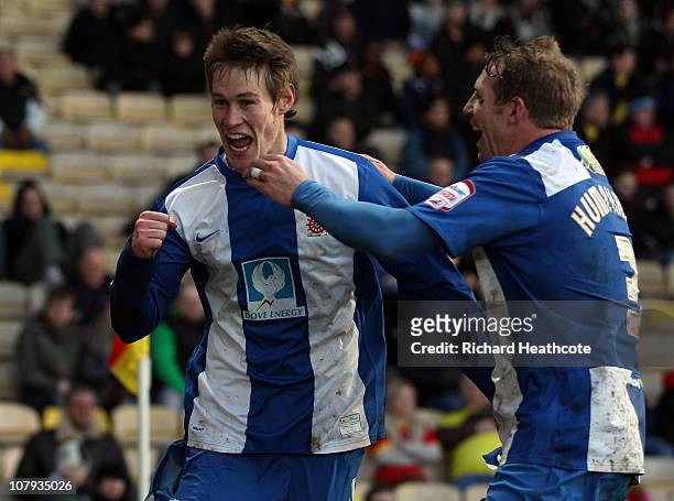 Anthony Sweeney of Hartlepool celebrates scoring the opening goal during the 3rd round FA Cup Sponsored by E.ON match between Watford and Hartlepool...