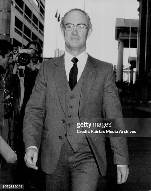 Mr. Kevin Webb SM leaves the Supreme Court building, MacQuarie St. After appearing as a Witness in the Humphries Royal Commission. June 10, 1983. .