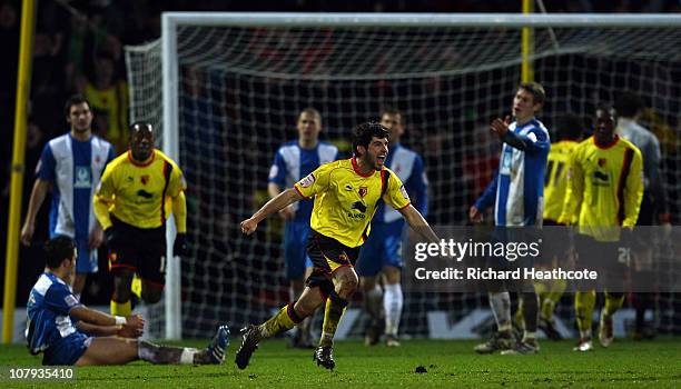 Piero Mingoia celebrates scoring the first Watford goal during the 3rd round FA Cup Sponsored by E.ON match between Watford and Hartlepool United at...