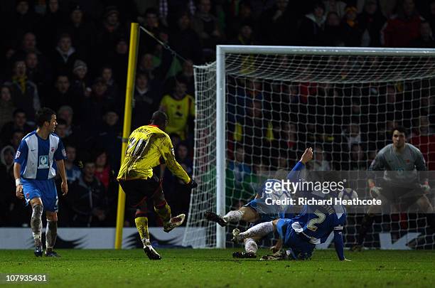 Marvin Sordell of Watford scores the 2nd goal during the 3rd round FA Cup Sponsored by E.ON match between Watford and Hartlepool United at Vicarage...