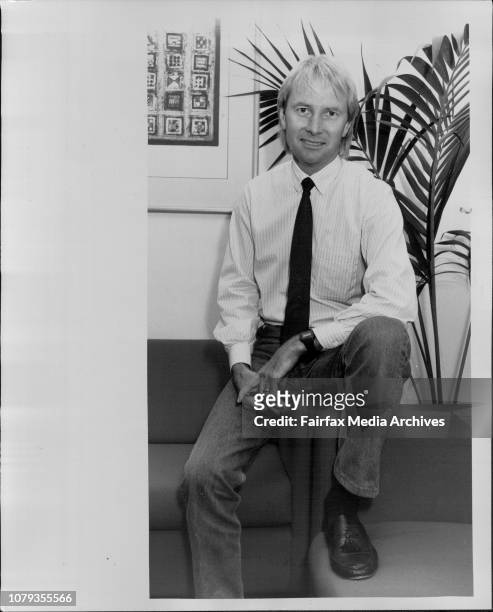 General Manager for Radio Station 2MMM relaxes in his office at Bondi Junction. December 18, 1987. .