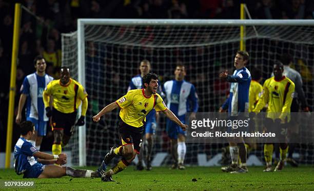 Piero Mingoia celebrates scoring the first Watford goal during the 3rd round FA Cup Sponsored by E.ON match between Watford and Hartlepool United at...