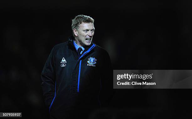 Manager David Moyes of Everton looks on during the FA Cup sponsored by Eon 3rd round match between Scunthorpe United and Everton at Glanford Park on...