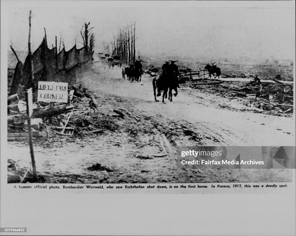 Bombardier Wormald, who saw Richthofen shot down, is on the first horse. In France, 1917, this was a deadly spot.Frank Wormald, 89, a WW1 veteran from St. Marys.France Wormald (front horse) riding through Hell Corner on the Menin Road, Ypres in Belgium, a