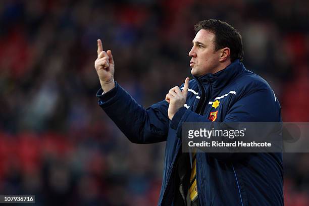 Watford Manager Malky Mackay shouts instructions during the 3rd round FA Cup Sponsored by E.ON match between Watford and Hartlepool United at...