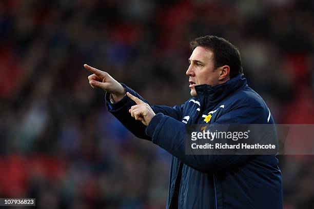 Watford Manager Malky Mackay shouts instructions during the 3rd round FA Cup Sponsored by E.ON match between Watford and Hartlepool United at...