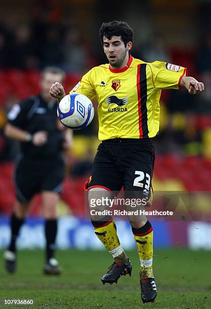Piero Mingoia of Watford in action during the 3rd round FA Cup Sponsored by E.ON match between Watford and Hartlepool United at Vicarage Road on...