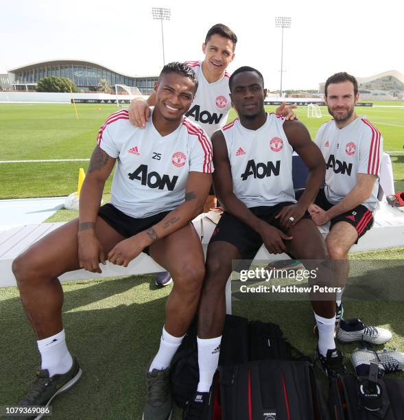 Antonio Valencia, Alexis Sanchez, Eric Bailly and Juan Mata of Manchester United in action during a first team training session at Nad Al Sheba...