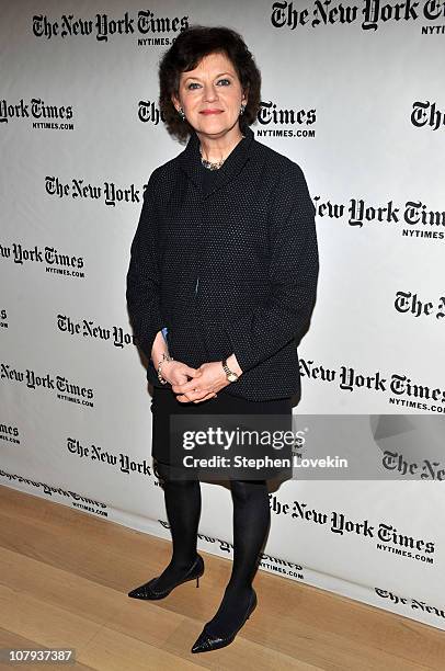 New York Times film and literary critic Janet Maslin attends the 10th Annual New York Times Arts & Leisure Weekend photocall at the Times Center on...