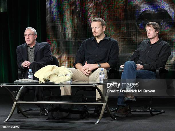 Series executive producer Fred Kaufman, host Chris Morgan, and filmmaker Joe Pontecorvo speak during the 'Nature: Bears of the Last Frontier' panel...