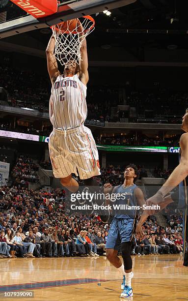 Shaun Livingston of the Charlotte Bobcats puts down a dunk against the Washington Wizards on January 8, 2011 at Time Warner Cable Arena in Charlotte,...