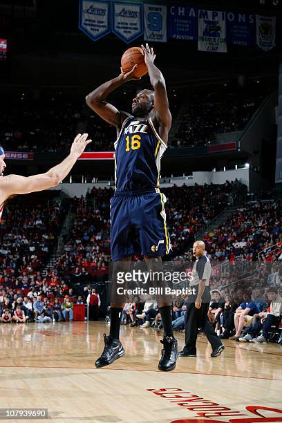 Francisco Elson of the Utah Jazz shoots the ball against the Houston Rockets on January 8, 2011 at the Toyota Center in Houston, Texas. NOTE TO USER:...