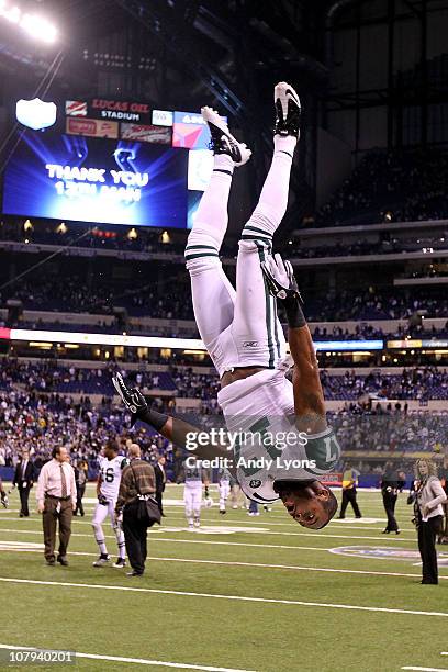 Braylon Edwards of the New York Jets does a flip in celebration of the Jets 17-16 win against the Indianapolis Colts during their 2011 AFC wild card...